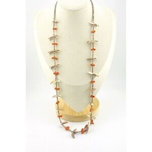 Vintage Coral Shell Heishi Flying Bird Fetish Necklace Sterling Silver 27"